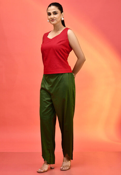 Embellished Border Cotton Crop Top Set in Red