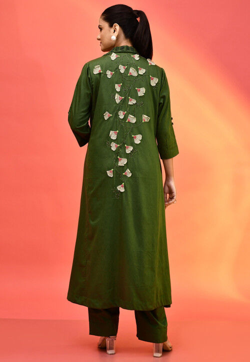 Embellished Border Cotton Crop Top Set in Red