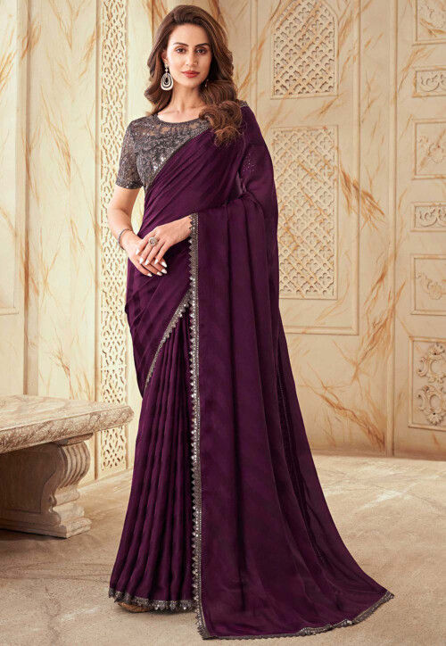 FESHILIOUS Plain Georgette Purple Wine Colour Saree With Satin Lace Border  Celebrity Wear Sadi For Women : Amazon.in: Fashion