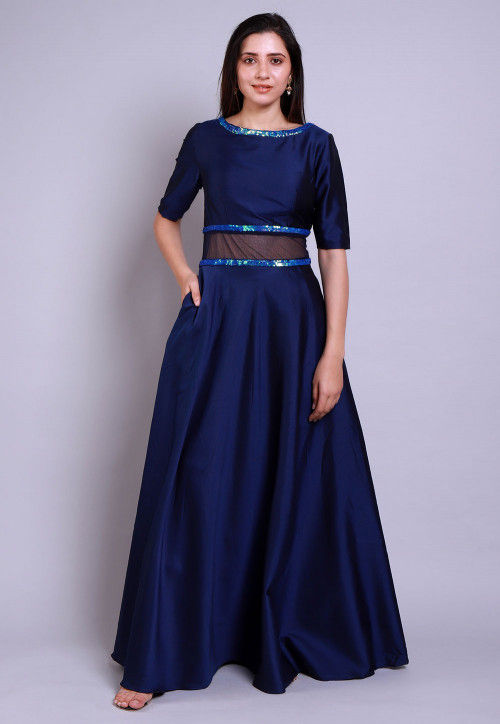Embellished Caroon Satin Gown in Navy Blue