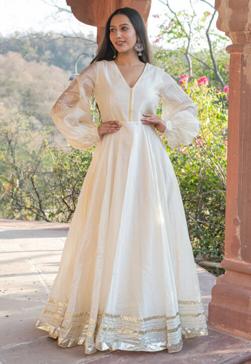 Embellished Chanderi Silk Gown in Off White