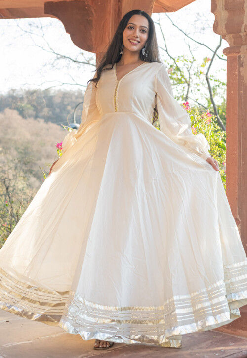 Embellished Chanderi Silk Gown in Off White