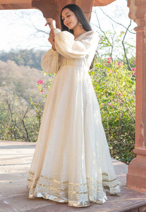 Embellished Chanderi Silk Gown in Off White