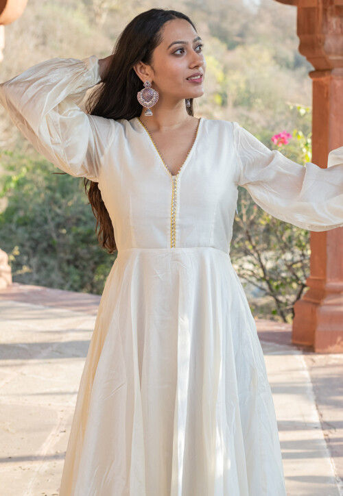 Embellished Chanderi Silk Gown in Off White