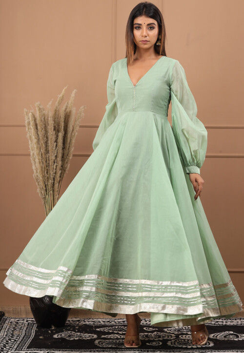 Embellished Chanderi Silk Gown in Pastel Green
