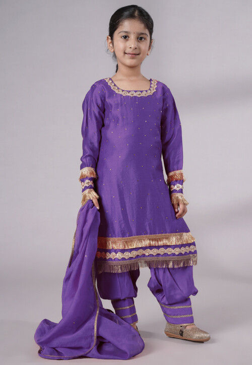 Embellished Chanderi Silk Punjabi Suit in Purple