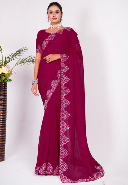 Embellished Chiffon Saree in Fuchsia