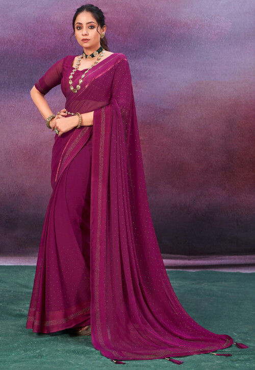 Embellished Chiffon Saree in Magenta