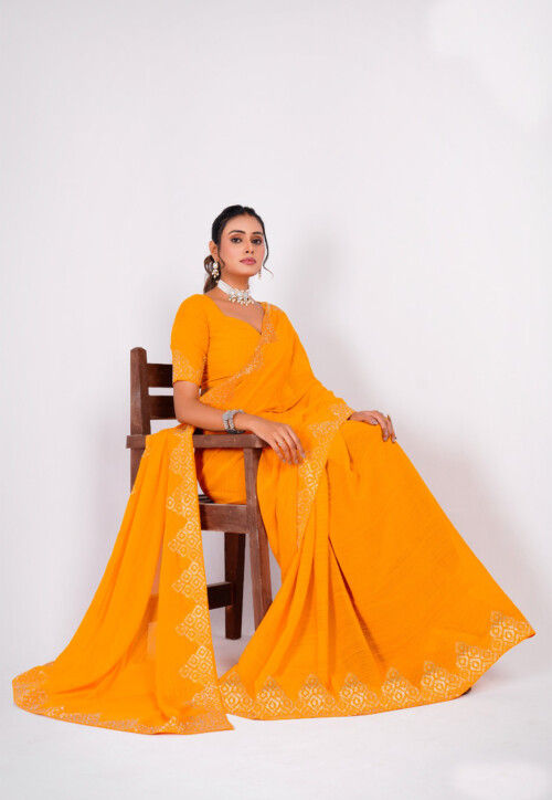 Women's Pure Chiffon Mustard Embellished Designer Saree With Blouse Piece