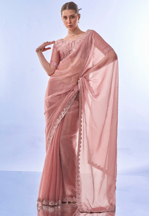 Embellished Chiffon Saree in Pink