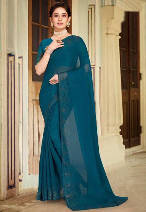Embellished Chiffon Saree in Teal Blue