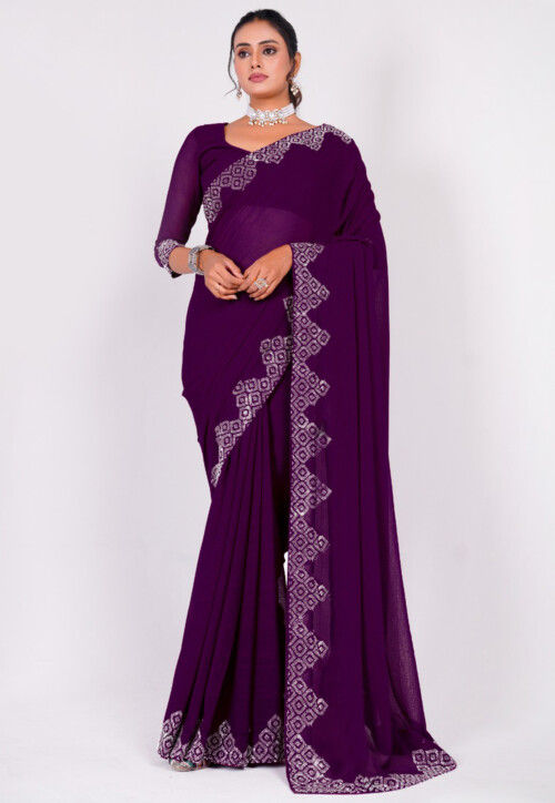 Embellished Chiffon Saree in Wine