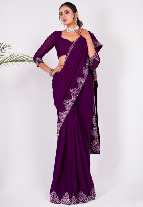 Embellished Chiffon Saree in Wine