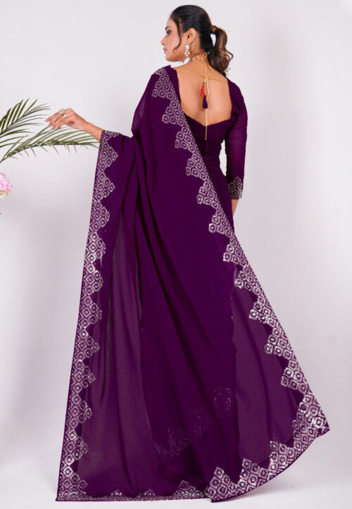 Embellished Chiffon Saree in Wine