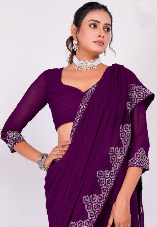 Embellished Chiffon Saree in Wine