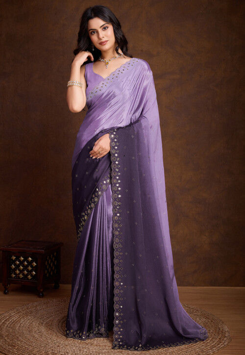 Embellished Chinon Chiffon Scalloped Saree in Purple Ombre