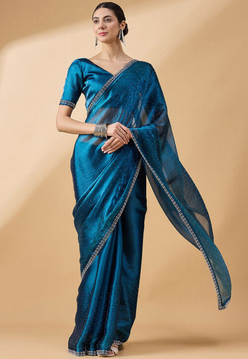 Embellished Chinon Chiffon Scalloped Saree in Teal Blue