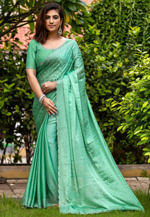 Embellished Chinon Chiffon Scalloped Saree in Teal Green
