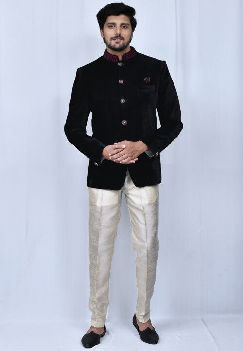 Embellished Collar Velvet Jodhpuri Set in Black MTX2898