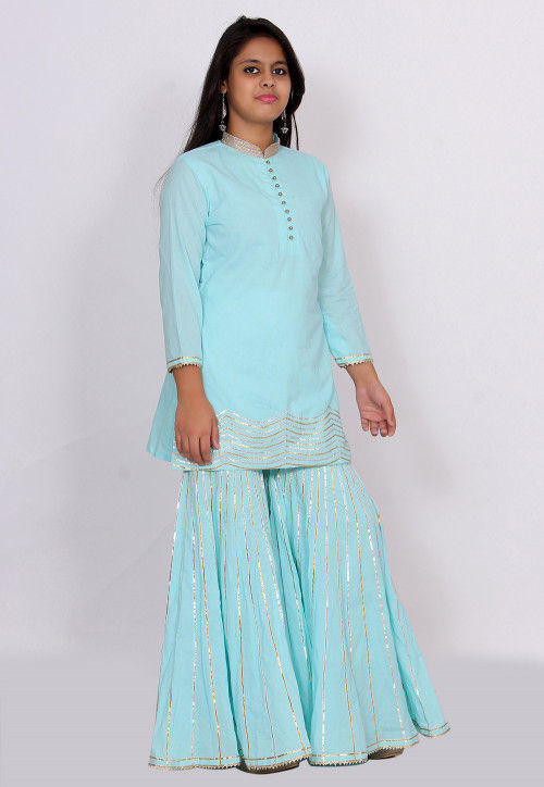 Embellished Cotton Pakistani Suit in Light Blue
