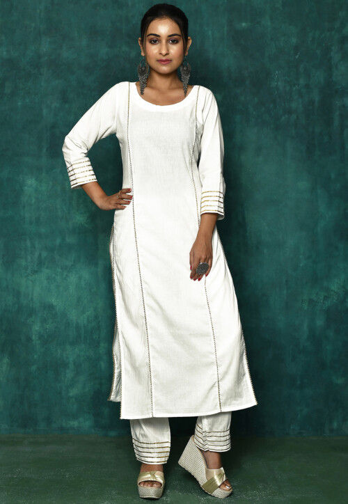 Embellished Cotton Pakistani Suit in Off White