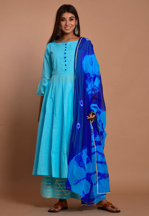 Blue Floral Printed Pure Cotton Naira Cut Suit