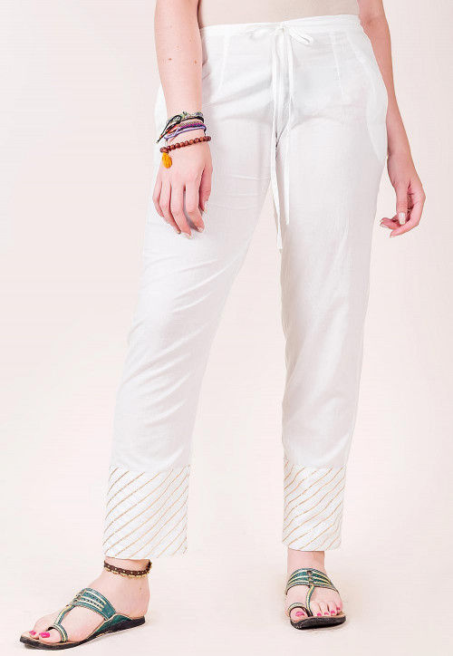 Embellished Cotton Pant in White