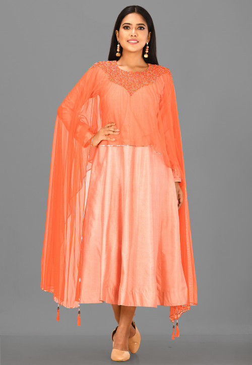 Buy Embellished Cotton Silk Cape Style A Line Kurta in Peach Online TUF1379 Utsav Fashion