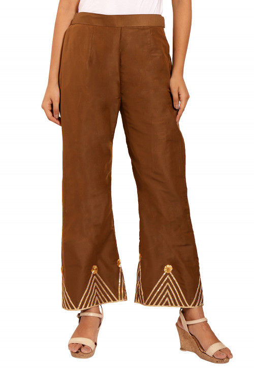 Embellished Cotton Silk Palazzo in Brown