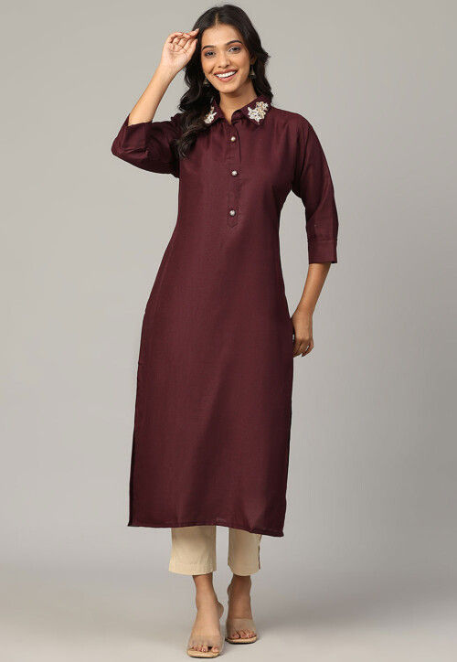Embellished Cotton Slub Straight Kurta in Maroon