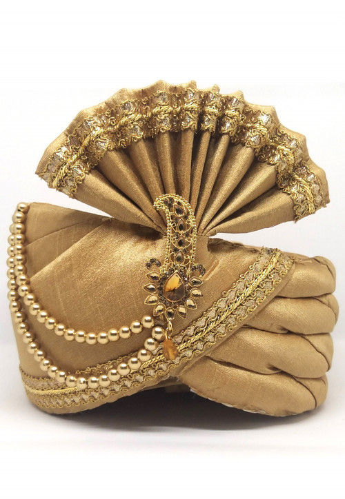 Embellished Dupion Silk Turban in Beige
