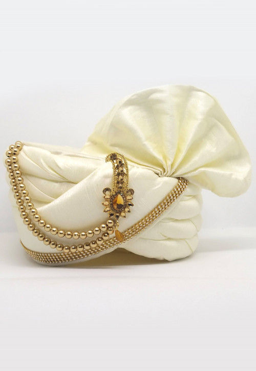 Embellished Dupion Silk Turban in Off White