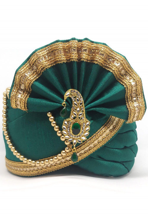 Embellished Dupion Silk Turban in Teal Green