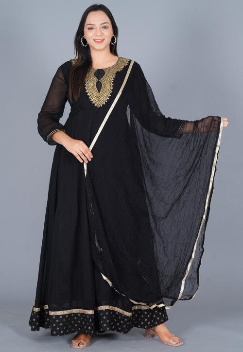 Embellished Georgette Abaya Style Suit in Black