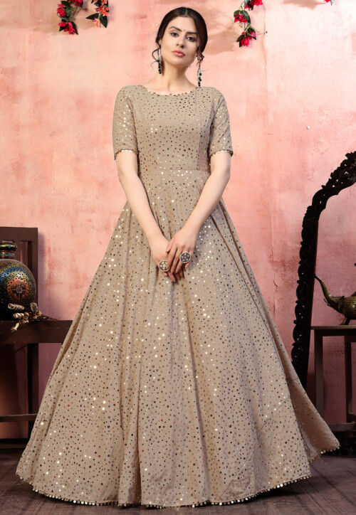 Embellished Georgette Gown in Beige