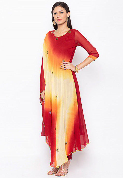 Embellished Georgette Kaftan Style Kurta Set in Red and Cream : TNC1238