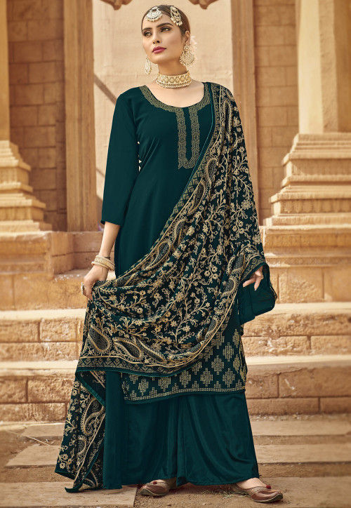 Embellished Georgette Pakistani Suit in Dark Green : KPV808