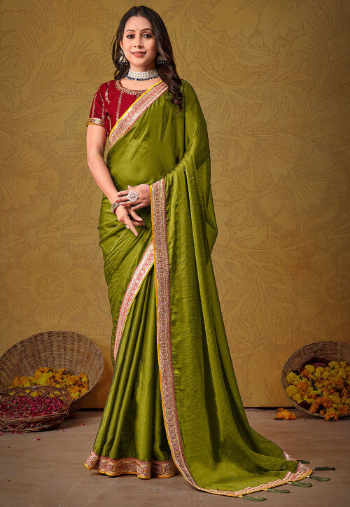 Embellished Georgette Silk Saree in Olive Green