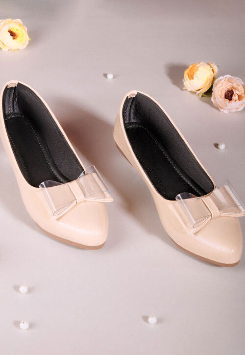 Embellished Leather Women Ballerinas in Beige