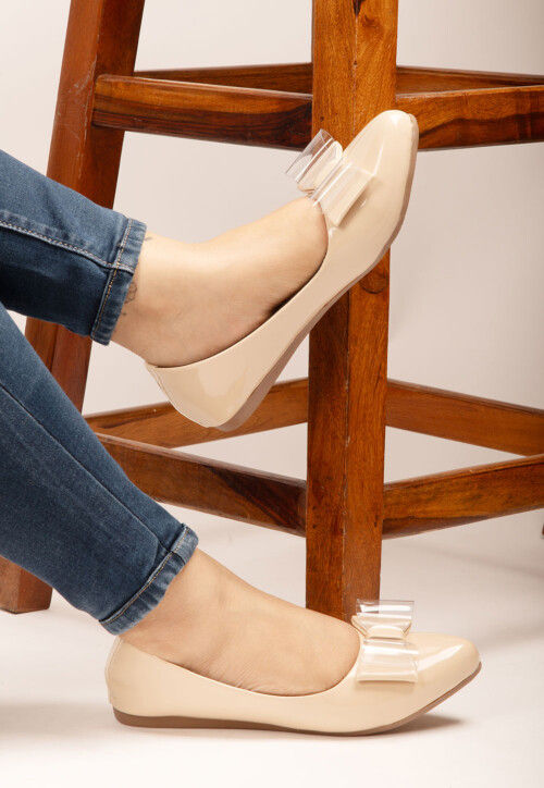 Embellished Leather Women Ballerinas in Beige