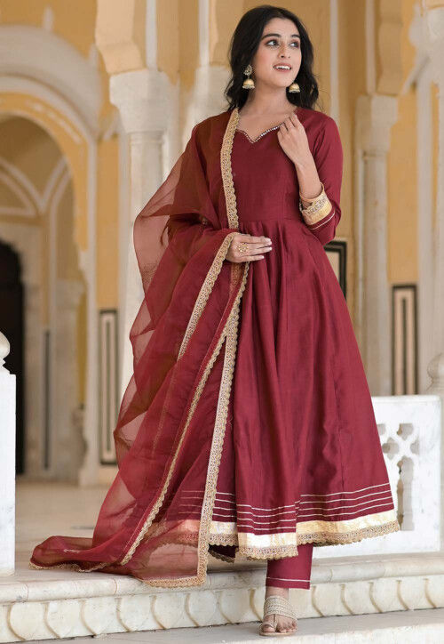 Art silk Maroon Anarkali Suit in Embroidered - AS3673