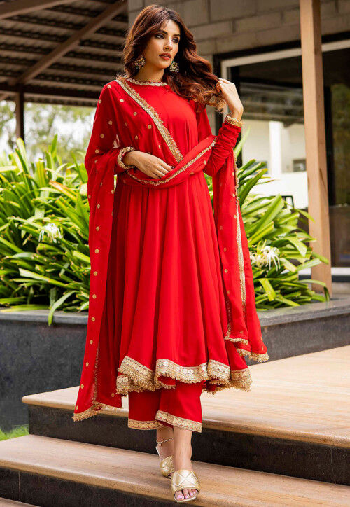 Buy Embellished Neckline Pure Georgette A Line Suit in Red Online