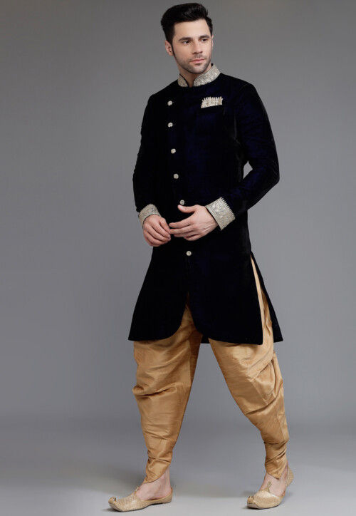 Embellished Neckline Velvet Sherwani in Navy Blue