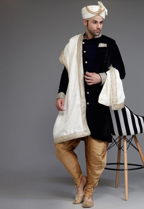 Embellished Neckline Velvet Sherwani in Navy Blue
