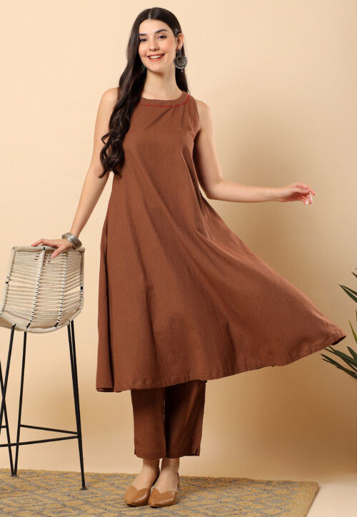 Embellished Neckline Viscose Cotton Co Ord Set in Brown