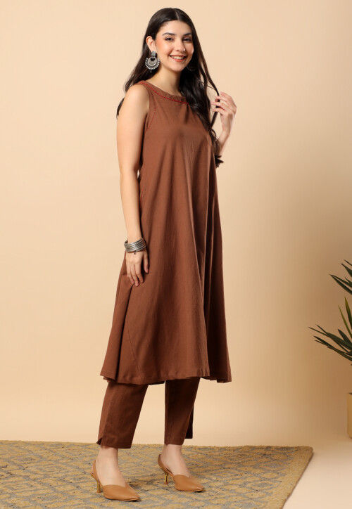 Embellished Neckline Viscose Cotton Co Ord Set in Brown