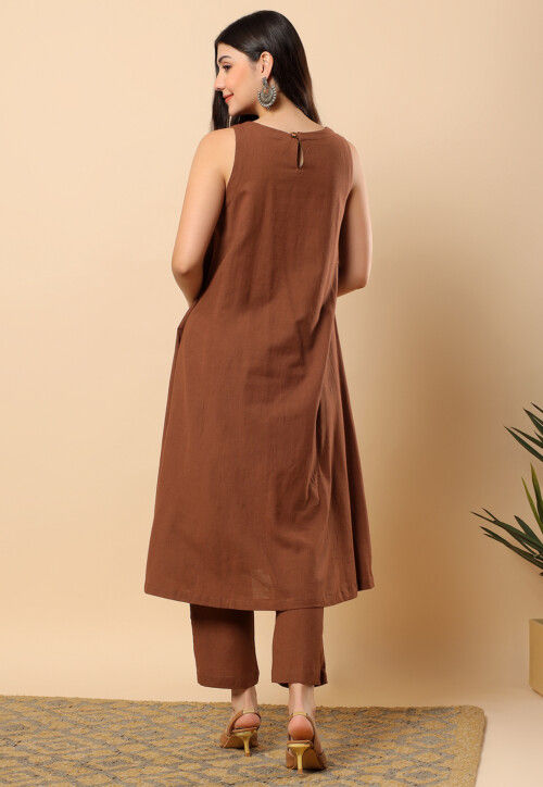 Embellished Neckline Viscose Cotton Co Ord Set in Brown