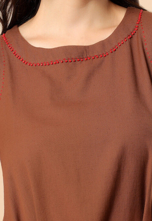 Embellished Neckline Viscose Cotton Co Ord Set in Brown