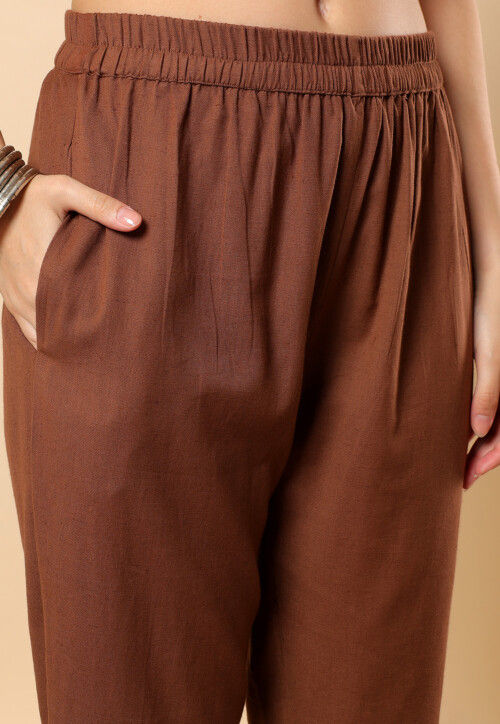 Embellished Neckline Viscose Cotton Co Ord Set in Brown