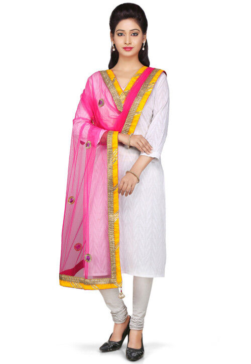 Embellished Net Dupatta in Pink